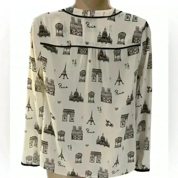 Talbots Paris Print Tie Front Blouse Ivory and Black Small Petite - Picture 5 of 9